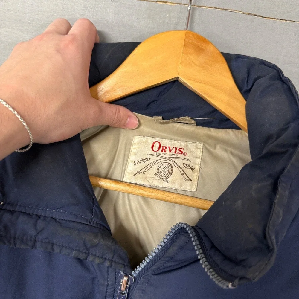 Vintage 80s Orvis Bomber Puff‎ Jacket Blue Full Zip Packable Hood Mens Medium